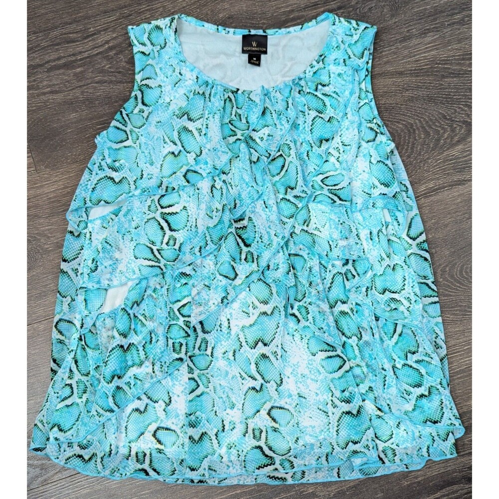Worthington Woman Blouse Blue and White Ruffle Size Medium (432)